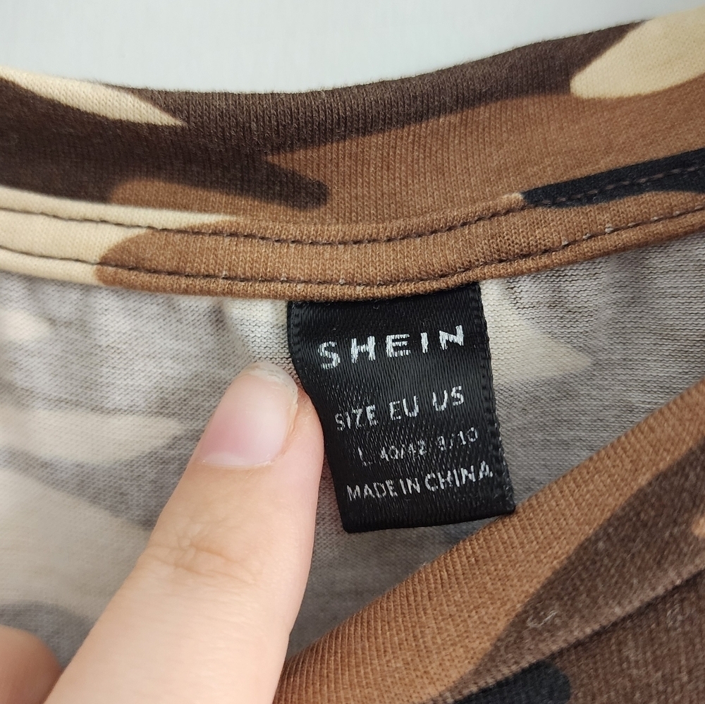 SHEIN Brown Camouflage Shirt Camo Green Beige Stretchy Large Like New Sexy - Picture 3 of 6
